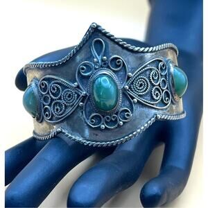 Vintage boho tribal ornate cuff bracelet filagree w/green stone cabochons ethnic